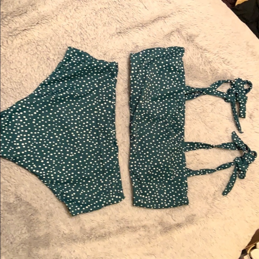 Dark green and white polka dot high waisted bikini